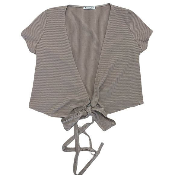 Reformation Petola Blush Flora Pink Ribbed Knit Crop Top Wrap Tie Waist M - Picture 2 of 5